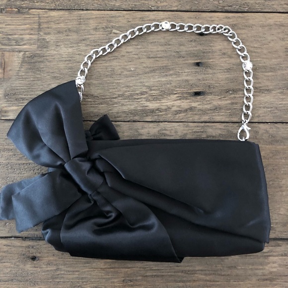 WHBM Black Satin Bow Silver Chain Wristlet Bag